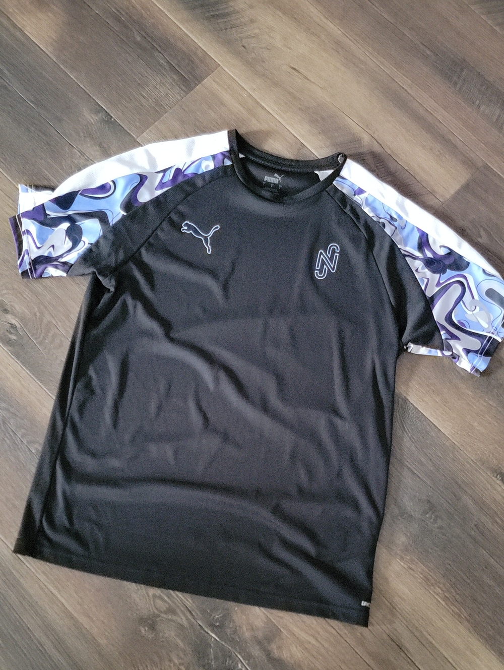Puma Men’s Black Shirt with Purple & White Marble-Print Sleeves